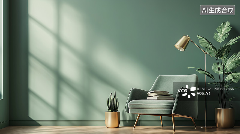 【AI数字艺术】鼠尾草绿墙与舒适家具的惬意组合图片素材