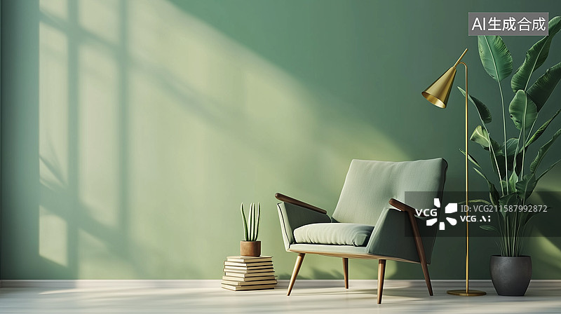 【AI数字艺术】鼠尾草绿墙与舒适家具的惬意组合图片素材