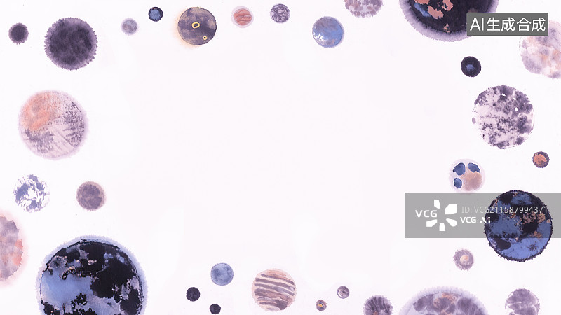 【AI数字艺术】复古中国风水墨画最大背景，宇宙星空各种各样的行星球体宇宙太空梦科幻研究探索新国风装饰画印花图案边框图片素材