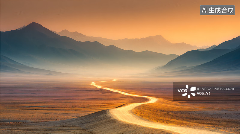 【AI数字艺术】一条发光延伸到远方的路图片素材