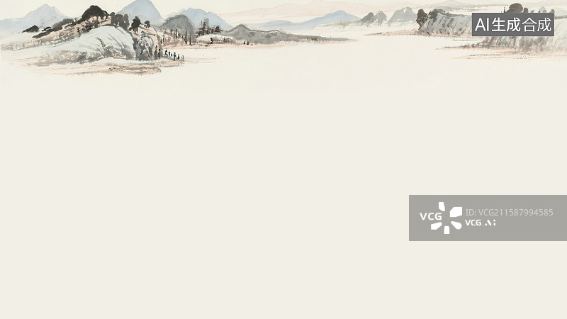 【AI数字艺术】复古中国风水墨画居上背景，新国风古画山水千里江山图斧劈皴披麻皴法留白绘本插图装饰画印花图案花边边框图片素材