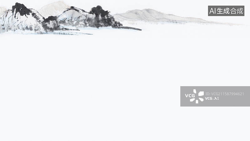 【AI数字艺术】复古中国风水墨画居上背景，新国风古画山水千里江山图斧劈皴披麻皴法留白绘本插图装饰画印花图案花边边框图片素材