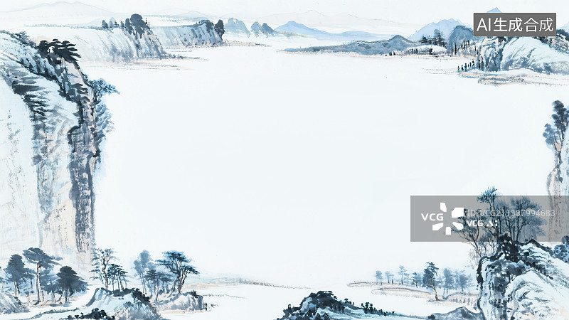 【AI数字艺术】复古中国风水墨画最大背景，新国风古画山水千里江山图斧劈皴披麻皴法留白绘本插图装饰画印花图案花边边框图片素材