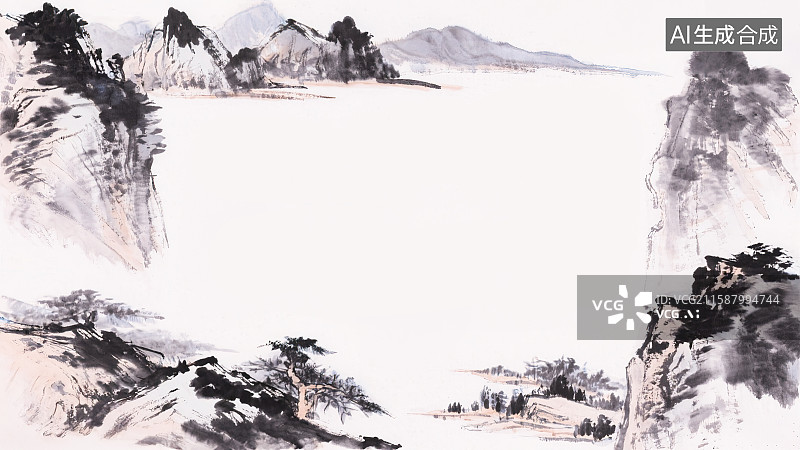 【AI数字艺术】复古中国风水墨画最大背景，新国风古画山水千里江山图斧劈皴披麻皴法留白绘本插图装饰画印花图案花边边框图片素材