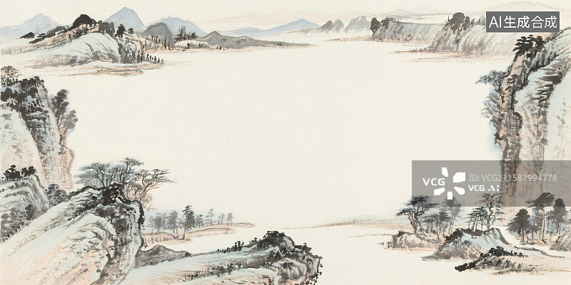 【AI数字艺术】复古中国风水墨画空白留白背景新国风古画山水千里江山图斧劈皴披麻皴法留白绘本插图装饰画印花图案花边边框图片素材