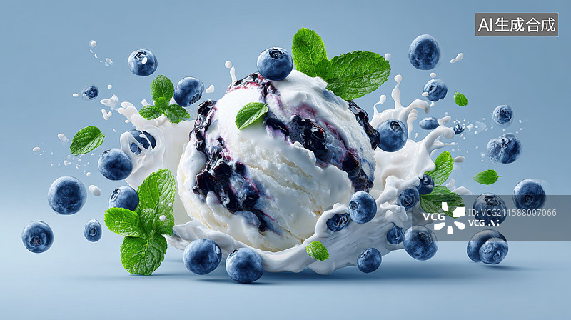 【AI数字艺术】蓝莓冰淇淋与牛奶飞溅的瞬间图片素材