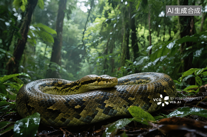 【AI数字艺术】热带雨林中的一条蟒蛇，森蚺图片素材