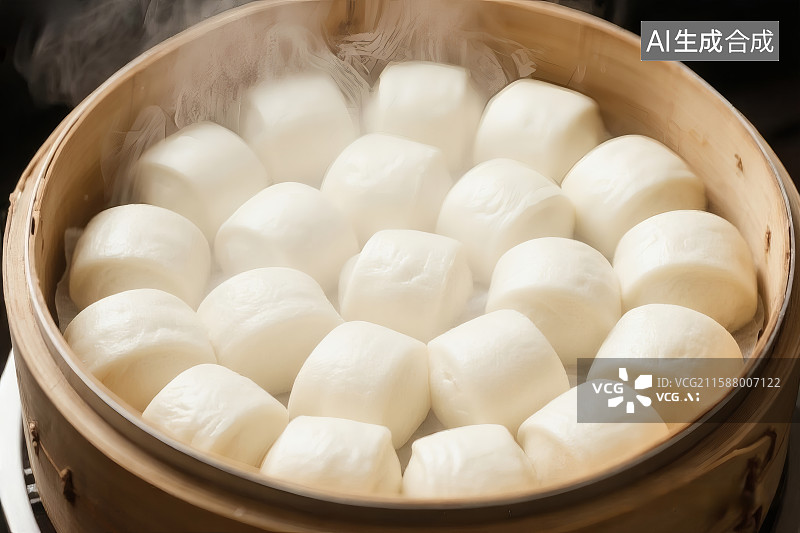 【AI数字艺术】蒸笼中冒着热气的白面馒头图片素材