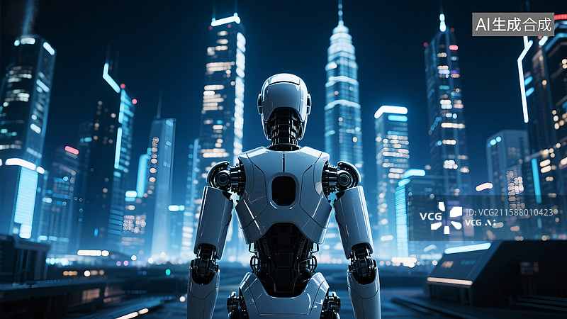 【AI数字艺术】高科技机器人注视着都市摩天大楼景观思考图片素材