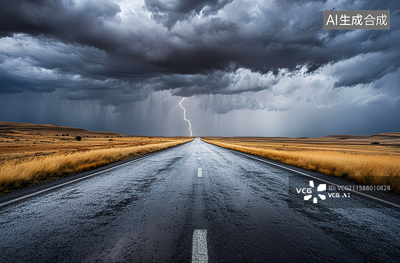 【AI数字艺术】阴天下的道路上的闪电全景图片素材
