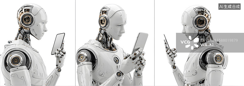 【AI数字艺术】机器人使用电子设备的三个视角图片素材