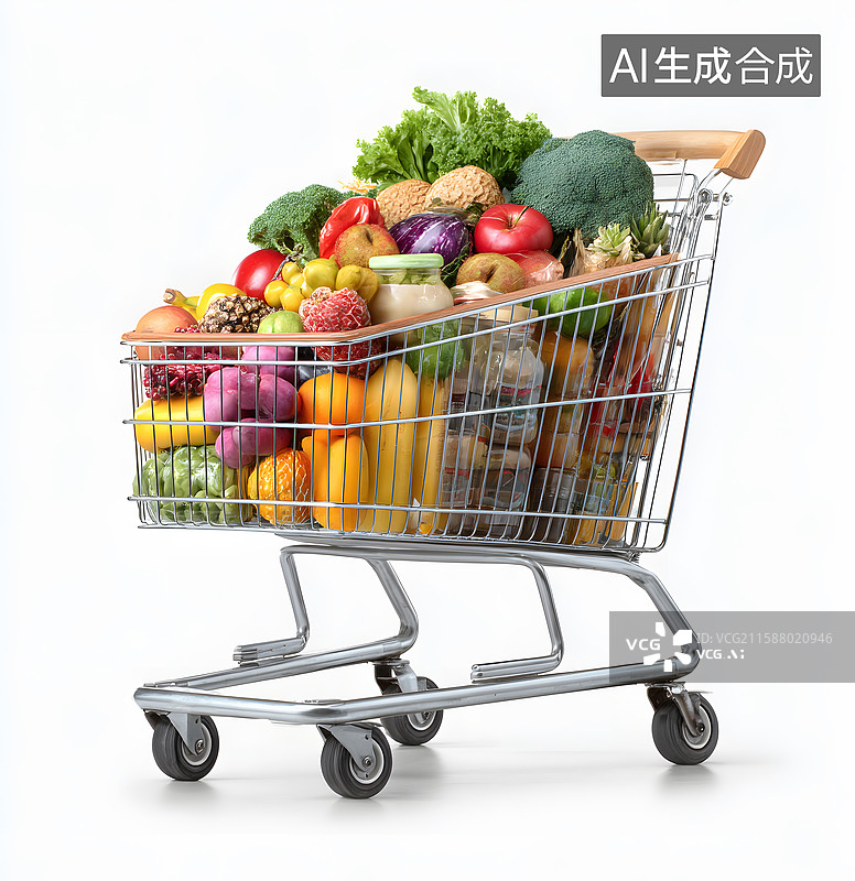 【AI数字艺术】购物车满载新鲜水果蔬菜图片素材