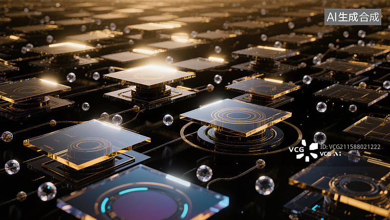 【AI数字艺术】科技感立方体金色方格背景图片素材