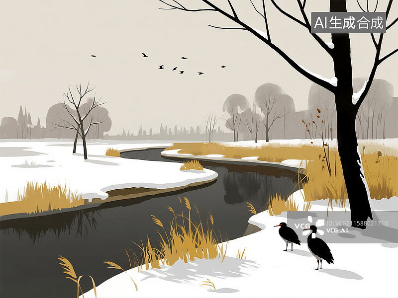 【AI数字艺术】冬日河流雪后寒鸦几只 插画图片素材