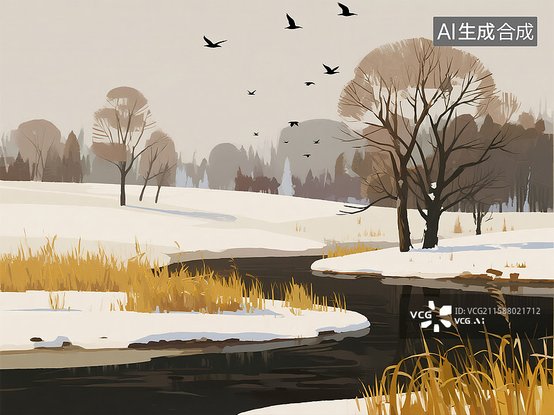 【AI数字艺术】冬日河流雪后寒鸦几只 插画2图片素材