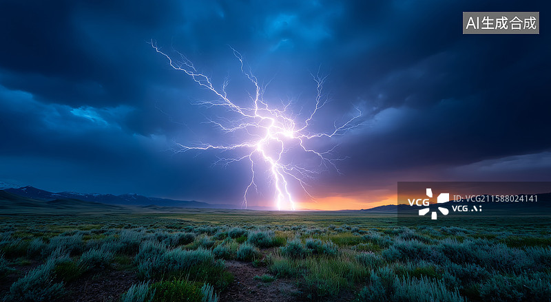 【AI数字艺术】平原上壮观的闪电图片素材