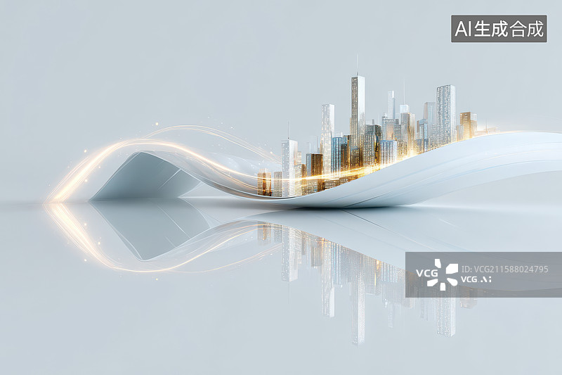 【AI数字艺术】现代都市流动光影水面倒影图图片素材