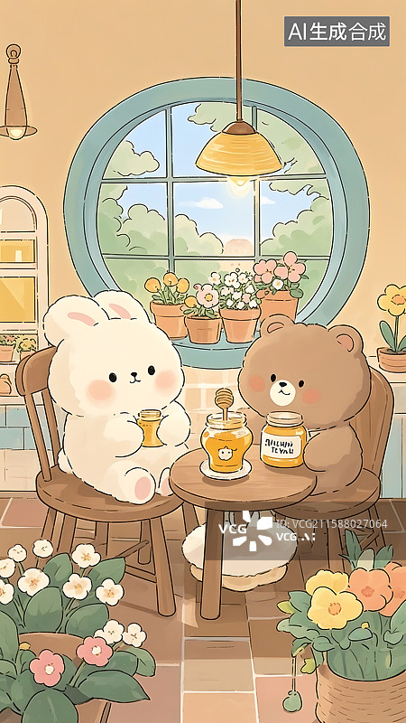 【AI数字艺术】萌趣下午茶时光：兔兔与熊熊的甜蜜约定图片素材