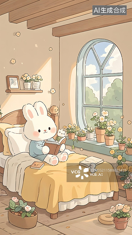 【AI数字艺术】兔子在卧室里读书图片素材
