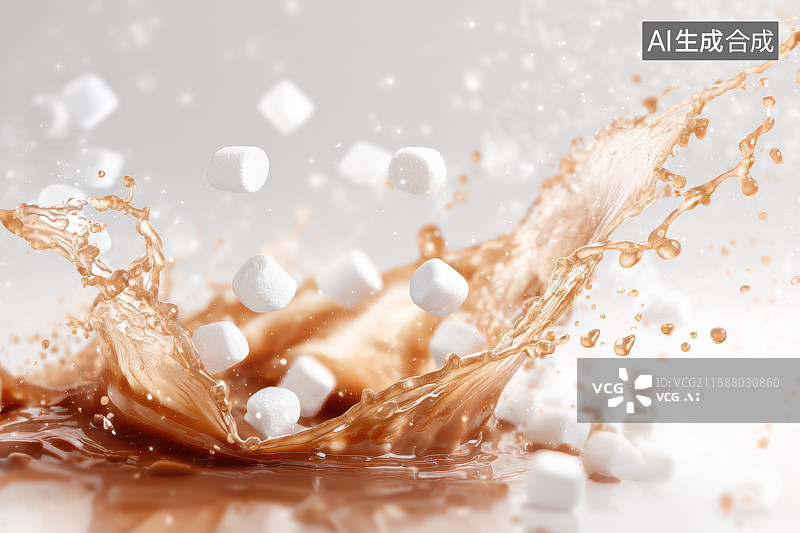 【AI数字艺术】热巧克力棉花糖飞溅美食图片素材