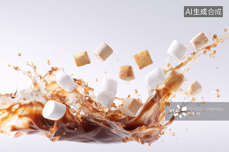 【AI数字艺术】热巧克力棉花糖飞溅美食图片素材