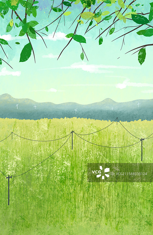 风景插画稻田麦田图片素材