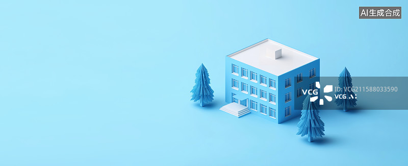 【AI数字艺术】3D三维极简卡通医院大楼城市建筑模型松树插画图片素材