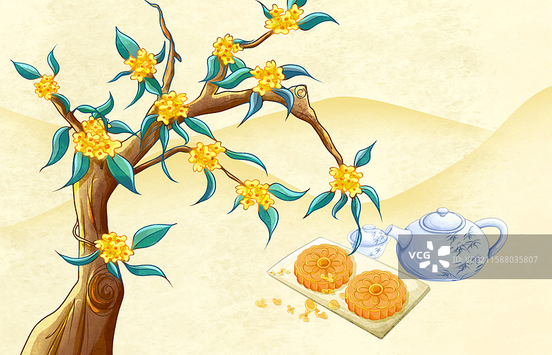 中秋节月饼桂花美酒横图插画图片素材