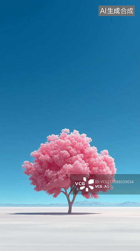 【AI数字艺术】粉色树在海边的梦幻景象图片素材