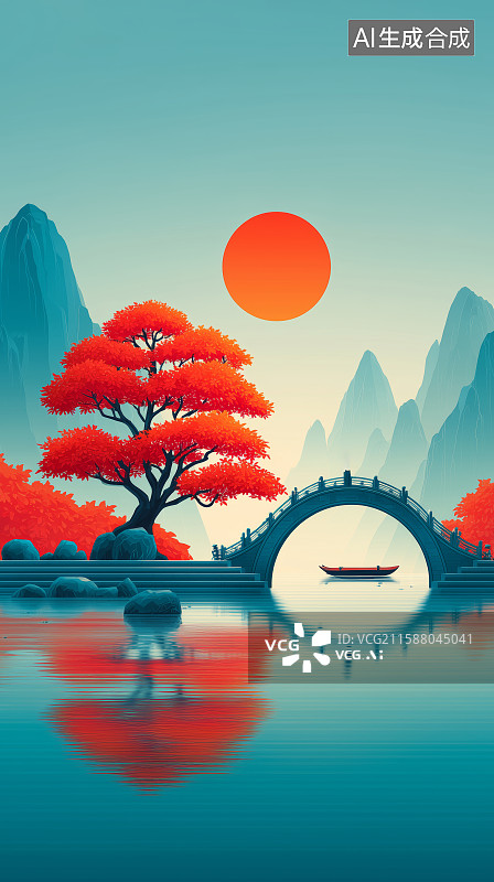【AI数字艺术】红树拱桥映水中风景图片素材