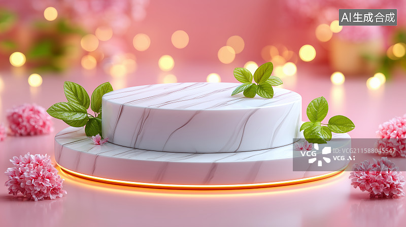 【AI数字艺术】双层大理石展示台配绿叶与粉色花朵图片素材