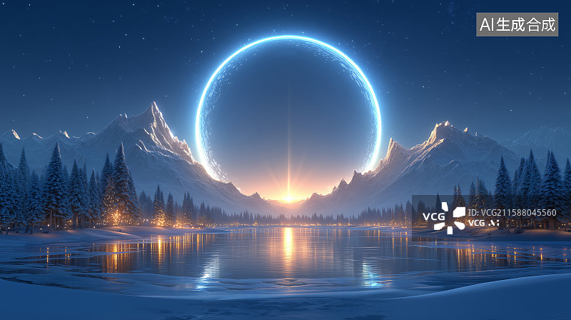 【AI数字艺术】日环食下的雪山倒影图片素材