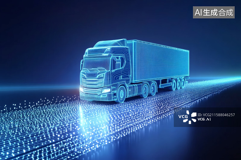 【AI数字艺术】蓝色粒子铺成的道路上一台蓝色的卡车图片素材