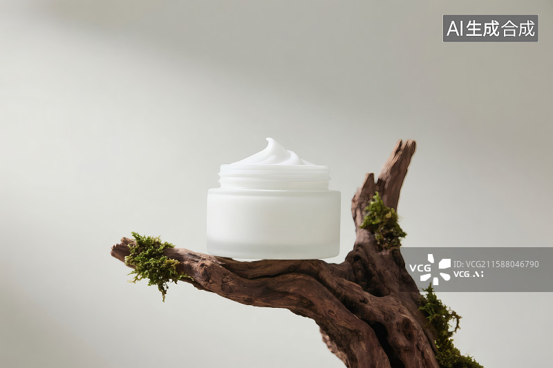 【AI数字艺术】白色背景，枯树枝上的一瓶打开的面霜，护肤品广告图片素材