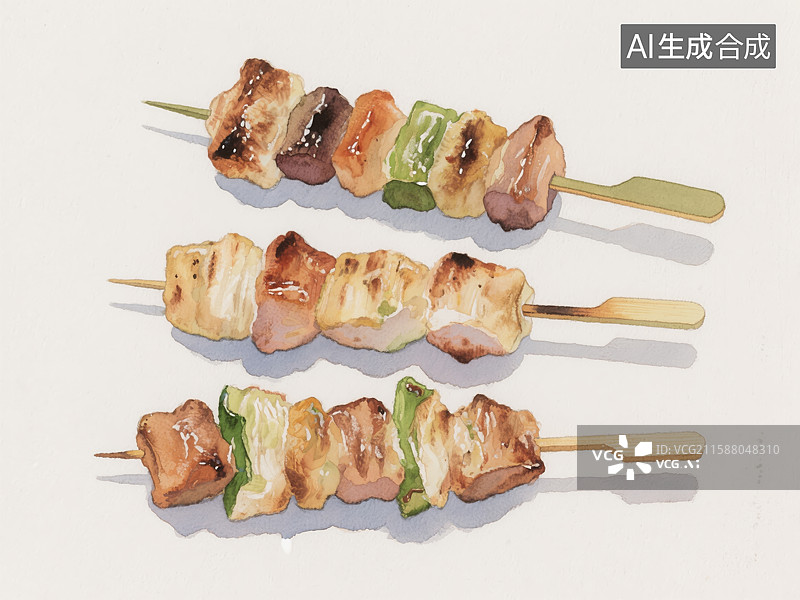 【AI数字艺术】三串烤肉串的水彩画图片素材