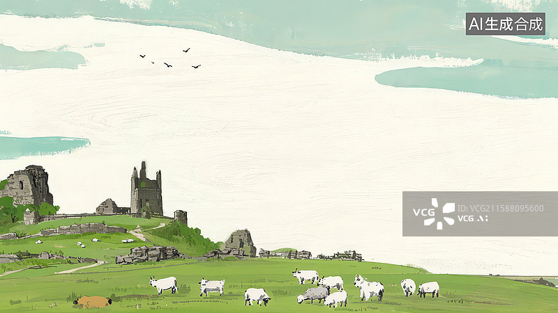 【AI数字艺术】水墨画最大-背景壁纸1古堡山丘上的羊群图片素材