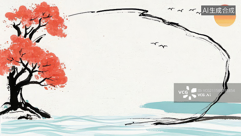 【AI数字艺术】红叶树与飞鸟的自然画卷图片素材