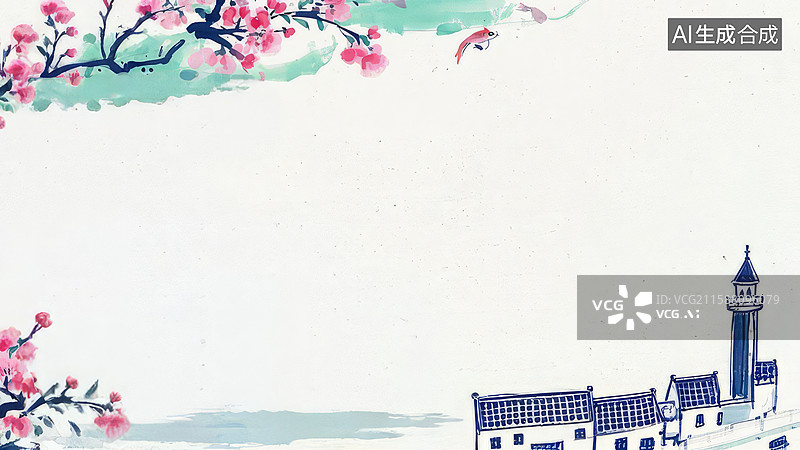 【AI数字艺术】水彩风格的乡村与樱花图片素材