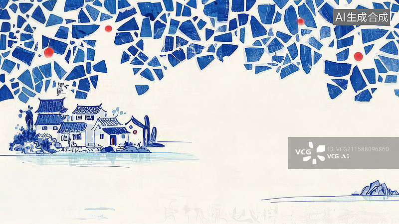 【AI数字艺术】青花瓷风格的乡村景象图片素材