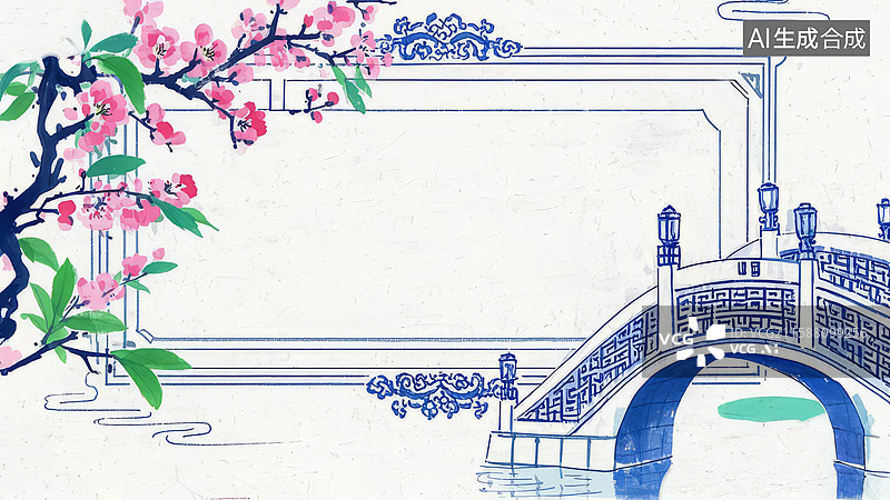 【AI数字艺术】古典园林桥景与梅花装饰图图片素材