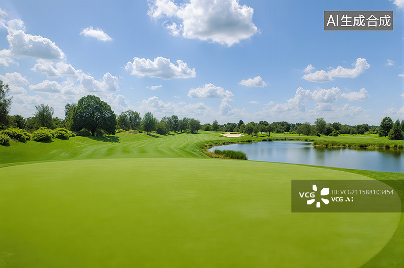 【AI数字艺术】高尔夫球场的绿色草坪与湖泊图片素材