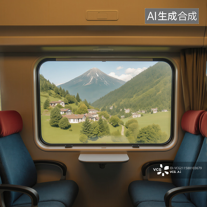 【AI数字艺术】列车窗外的山间小镇风光图片素材