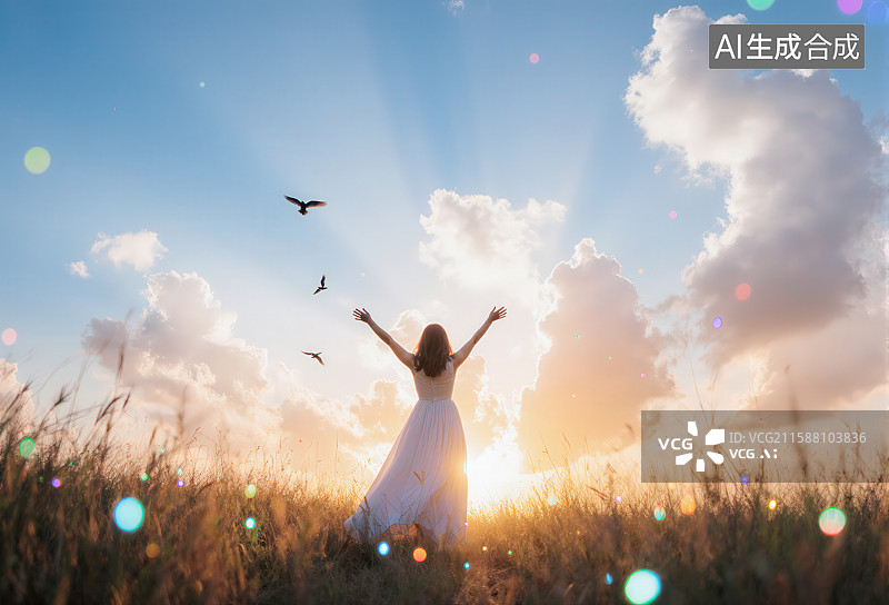 【AI数字艺术】田野中仰望天空的女子图片素材