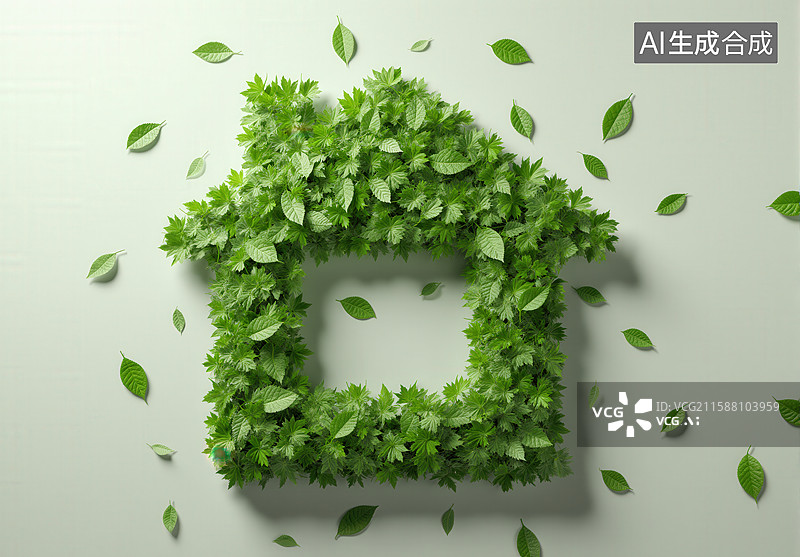 【AI数字艺术】绿叶构成的房屋形状图案图片素材