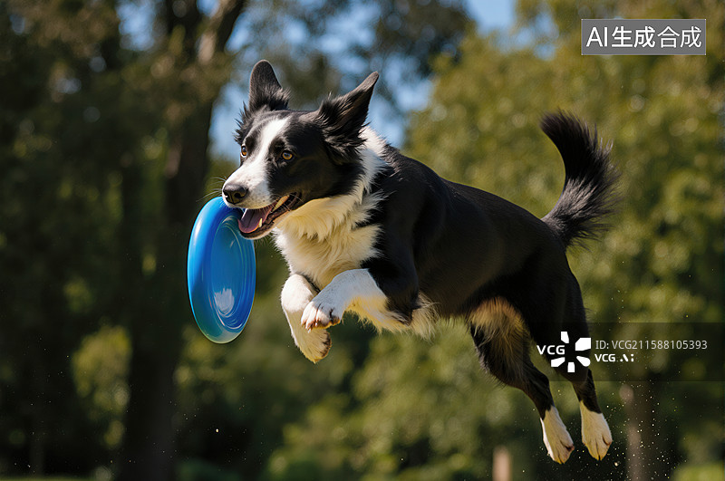 【AI数字艺术】边牧犬跃起接飞盘图片素材