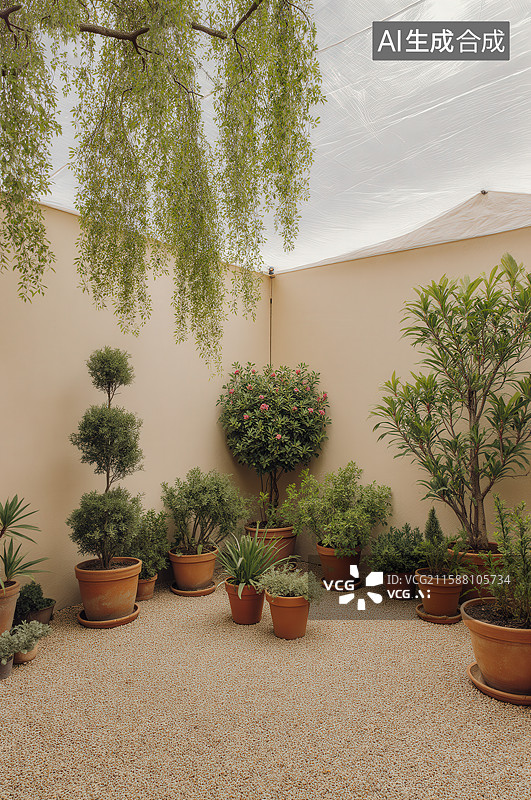 【AI数字艺术】庭院中的盆栽植物排列图片素材