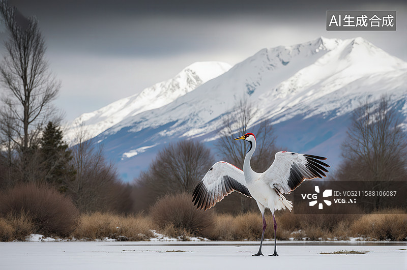 【AI数字艺术】雪鹤展翅，雪山背景图片素材