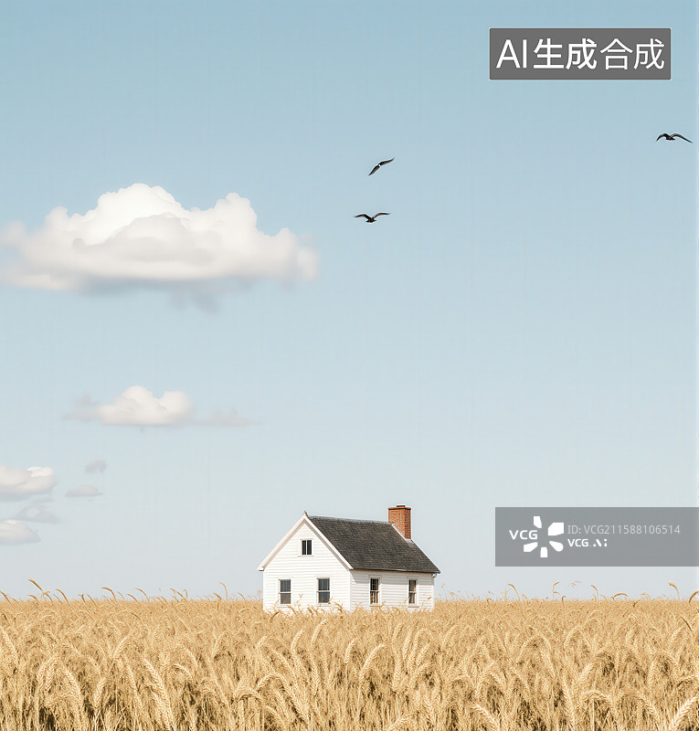 【AI数字艺术】麦田中的白色小屋图片素材