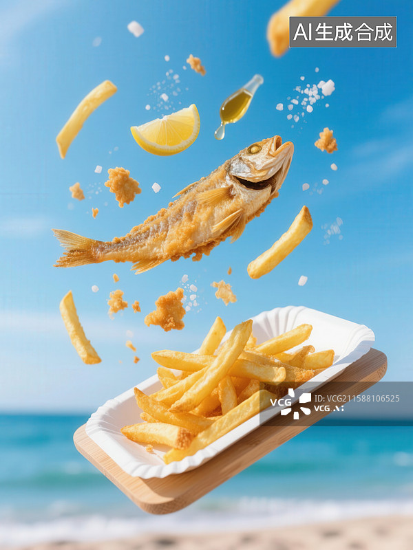 【AI数字艺术】空中炸鱼与薯条，海滩背景图片素材