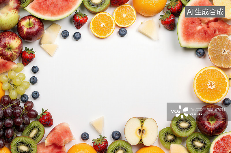 【AI数字艺术】多彩水果环绕的白色背景图片素材